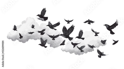 The image is a monochrome illustration depicting a flock of stylized birds in flight above a cloud formation.  The birds are rendered in solid black, with a simple, almost graphic design.  The