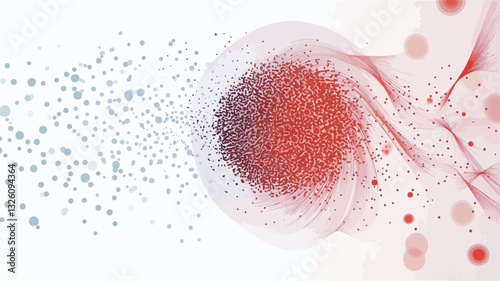 The image is an abstract representation of a cellular structure. It features a central, predominantly red, spherical form with a textured surface, surrounded by swirling, translucent red and white