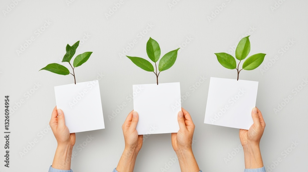 Three hands hold small potted plants with green leaves against a neutral background, symbolizing growth and care for the environment. Three hands hold small potted plants with green leaves against a neutral background, symbolizing growth and care for the environment.