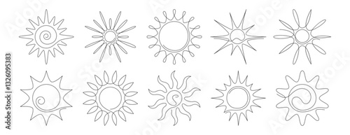 Doodle art vector set of continuous line sun. Summer symbol in simple linear style. Single thin sunshine icons, sunrise weather elements with beams. Black silhouette of sunlight or sunny outline logo