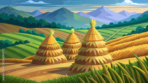 Close-up of harvested rice sheaves stacked on a field with blurred terraced rice paddies in the background.