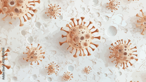 A digitally rendered microscopic view showcasing numerous viral particles against a textured, off-white background. The viral particles are depicted in a pale beige/orange hue with detailed surface