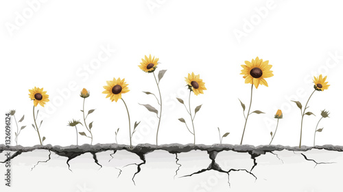The image shows a row of sunflowers of varying heights and growth stages emerging from a line of cracked, dry earth against a stark white background.  The sunflowers are depicted in a simple,