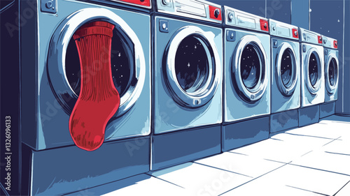 The image is a stylized illustration depicting a row of identical, light grey washing machines in a laundry room.  A single red sock is prominently displayed, sticking out of the door of one of the