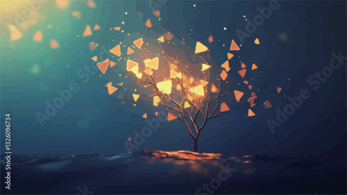 Digital illustration of an abstract tree composed of glowing orange and yellow triangles on a dark blue background. The tree's branches extend upward, with smaller triangles forming a canopy. A