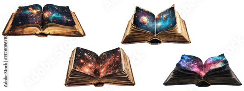 Collection of antique open books with glowing cosmic galaxy pages in a surreal fantasy style, isolated on transparent background