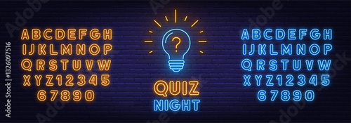 Quiz Night neon sign on brick wall background.