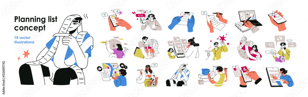 Planning, task organization and time management concept set. To-do and wish list, shopping notes, travel checklists, scheduling, reminders. Flat vector illustrations isolated on white background