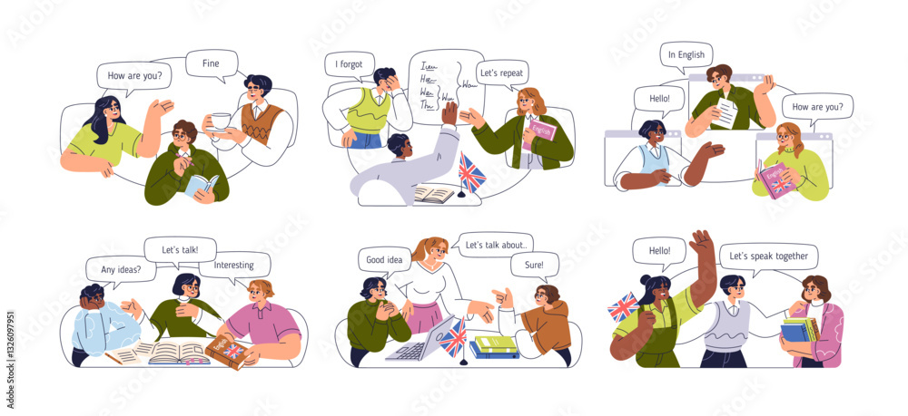 English language education course, class, lesson, speaking club, set. People groups studying, learning, practicing conversation, teaching. Flat vector illustration isolated on white background