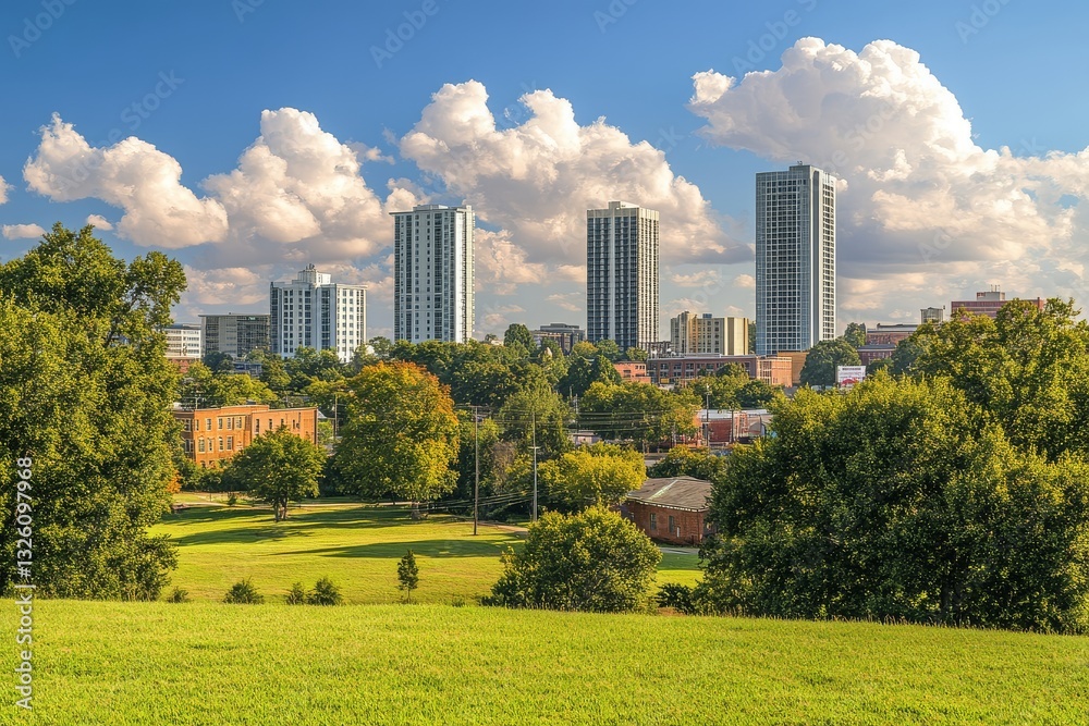 Fototapeta premium Panoramic skyline view of downtown Kempton, Alabama, with modern office and hotel towers, spring greenery, and a vibrant sunset sky.