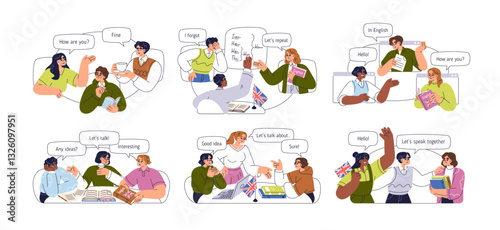 English language education course, class, lesson, speaking club, set. People groups studying, learning, practicing conversation, teaching. Flat vector illustration isolated on white background