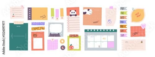 Paper notes, blank notebook pages, stickers, torn notepad sheets, tapes, lists, tags and schedule. Planning stationery, supplies. Cute notepapers. Flat vector illustration isolated on white background