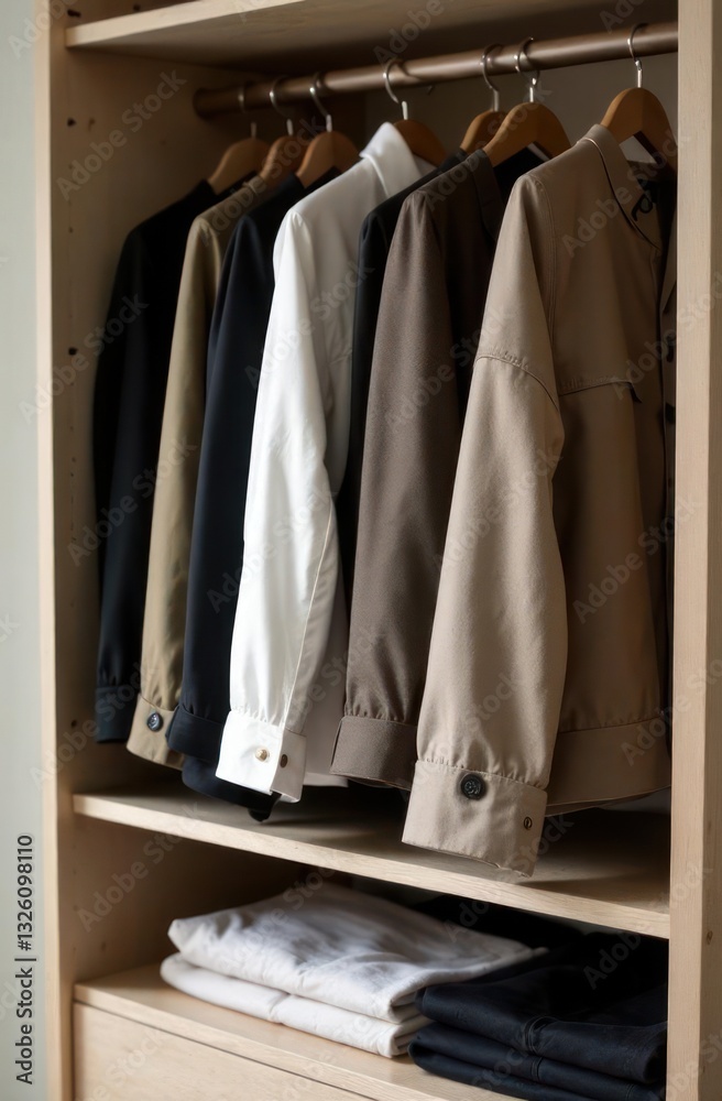 neatly arranged jackets and blazers on wooden hangers in wardrobe. various shades including black, white and beige. neutral, minimalist aesthetic. fashion, clothing organization neatly arranged jackets and blazers on wooden hangers in wardrobe. various shades including black, white and beige. neutral, minimalist aesthetic. fashion, clothing organization