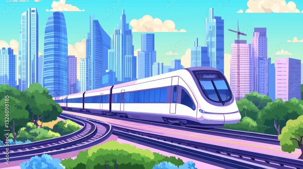 Naklejka premium Modern High-Speed Train Concept in Urban Landscape with Skyscrapers and Greenery