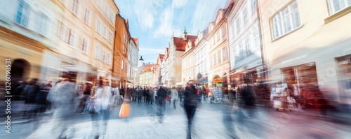 A bustling street scene with buildings and pedestrian motion blur
