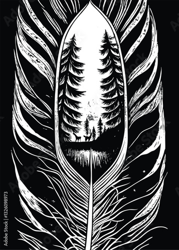 illustration of a bird feather with forest on a black background.