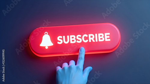 Bold red YouTube Subscribe button with bell icon and pointing hand, high-quality 3D rendering for digital engagement