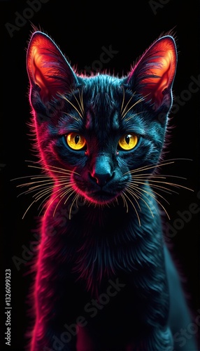 Striking black cat with glowing eyes and vibrant color contrast at night