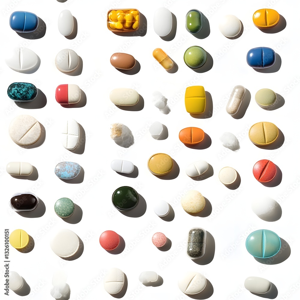 Varied Products Medications and Dietary Supplements Arranged on White Background Varied Products Medications and Dietary Supplements Arranged on White Background