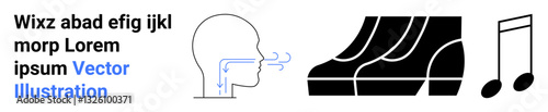 Human profile exhaling air with arrows symbolizing sound, black piano keys, and a musical note. Ideal for music, sound design, creativity, learning, breathing techniques, health flat landing page