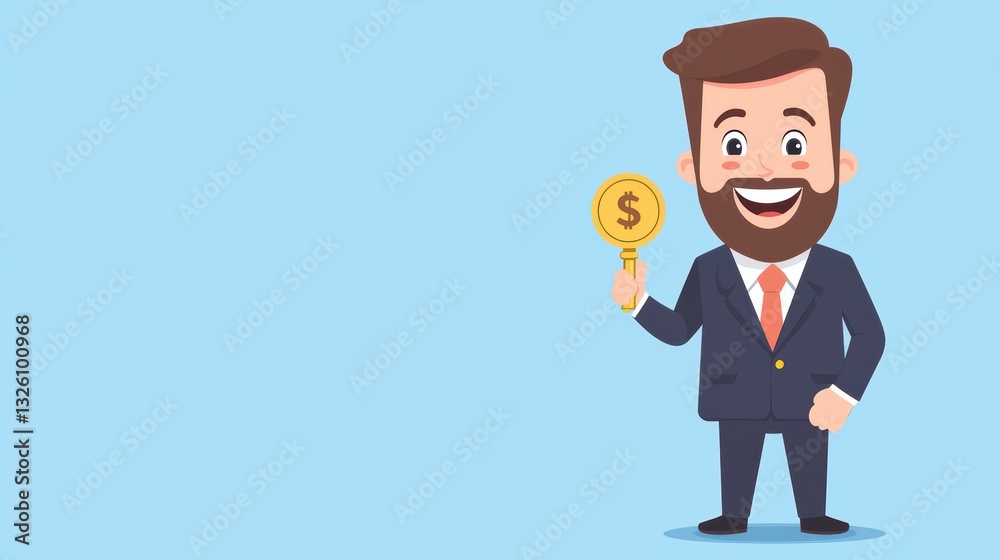 Happy Cartoon Businessman Holding Coin, Representing Smart Investment Concept in Finance Happy Cartoon Businessman Holding Coin, Representing Smart Investment Concept in Finance
