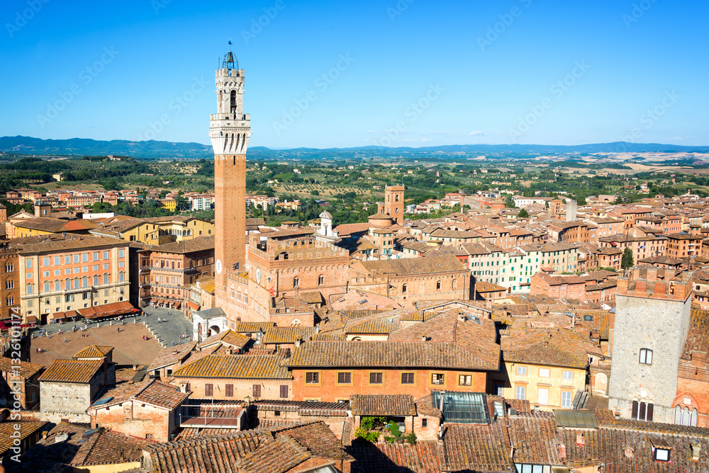 Cityscape of Siena, aerial view with the Torre del Mangia, Tuscany, Italy