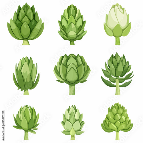 Very Simple flat 2D icon green artichoke set isolated on a white background, vector, flat design, animation design, simple flat 2D icon, minimalist design, clipart	