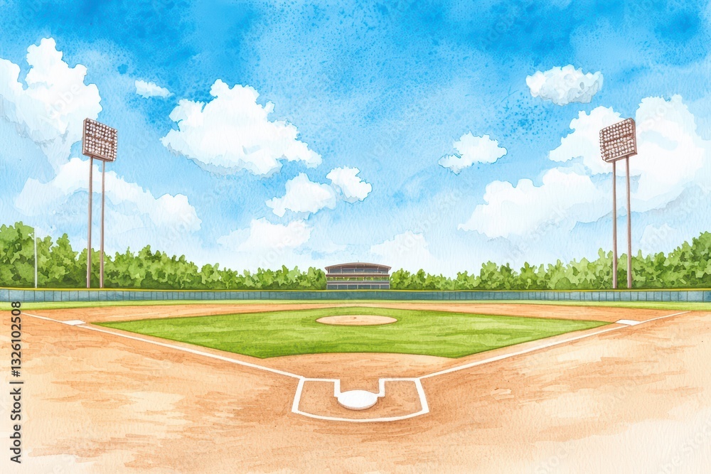 Fototapeta premium Vintage Watercolor Illustration of a Sports Stadium with Clear Sky and Green Grass Field