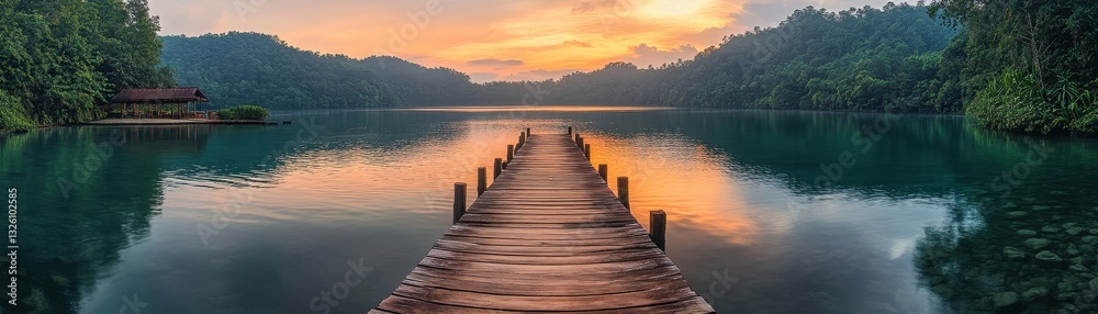 Serene Sunset Over Tranquil Lake with Wooden Pier Leading to Lush Green Forest and Vibrant Sky Reflections Serene Sunset Over Tranquil Lake with Wooden Pier Leading to Lush Green Forest and Vibrant Sky Reflections