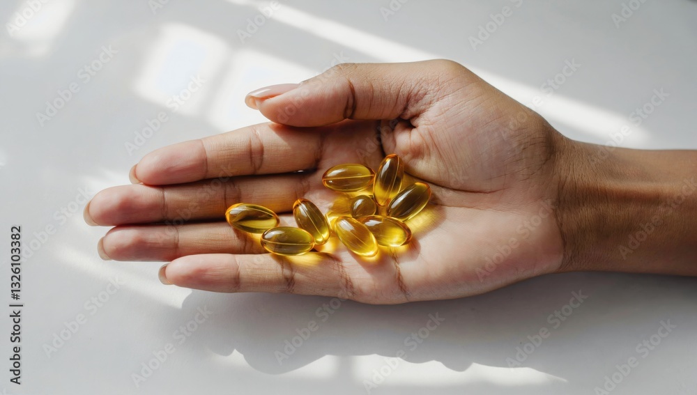 A hand is extended with several golden capsules resting on the palm. The setting is bright, suggesting a focus on health, nutrition, and wellness. The scene conveys a sense of care and natural living A hand is extended with several golden capsules resting on the palm. The setting is bright, suggesting a focus on health, nutrition, and wellness. The scene conveys a sense of care and natural living
