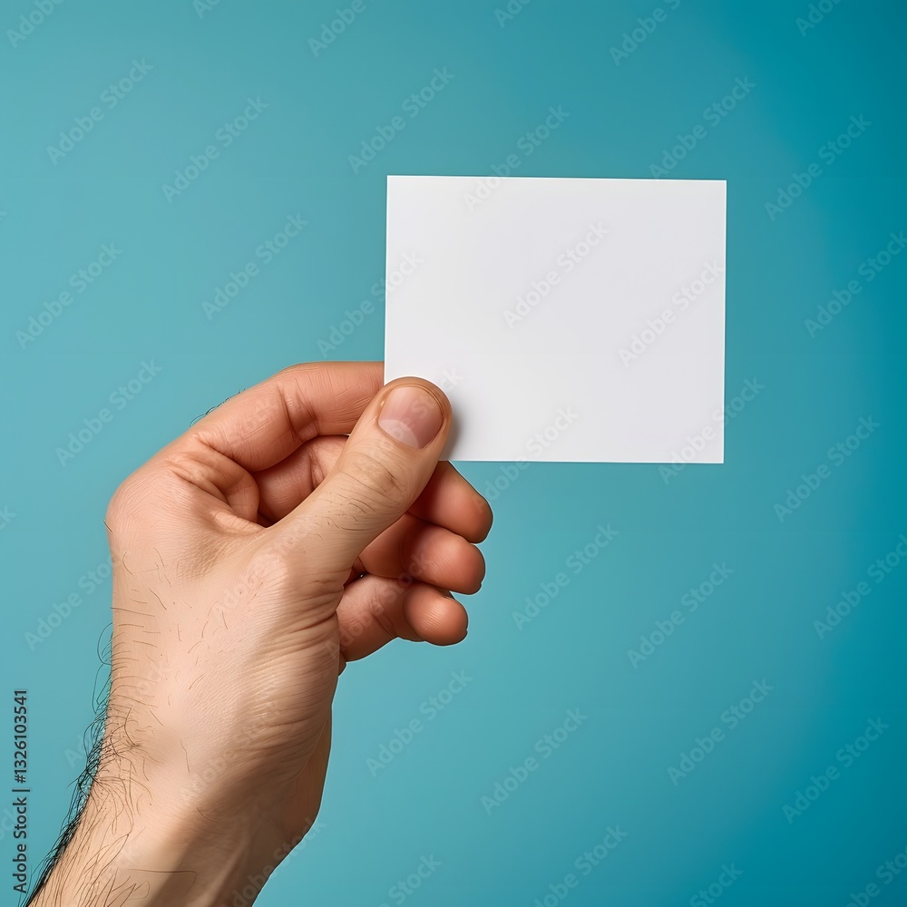 Fototapeta premium Hand Holding Up Blank White Card Against Blue Studio Background