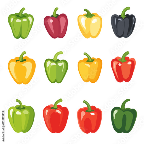 My Simple flat 2D icon colorful bell pepper set collection isolated on a white background, vector, flat design, animation design, simple flat 2D icon, minimalist design, clipart