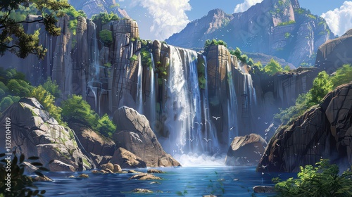 A majestic waterfall cascading over rocky cliffs into a deep blue pool