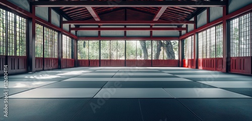 Dojo for martial arts, mats set, devoid of activity.