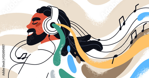Happy man listening to music in headphones, enjoying sound track, favorite song. Smiling young person, male character in head phones, playing melody, tune, soundtrack. Flat vector illustration