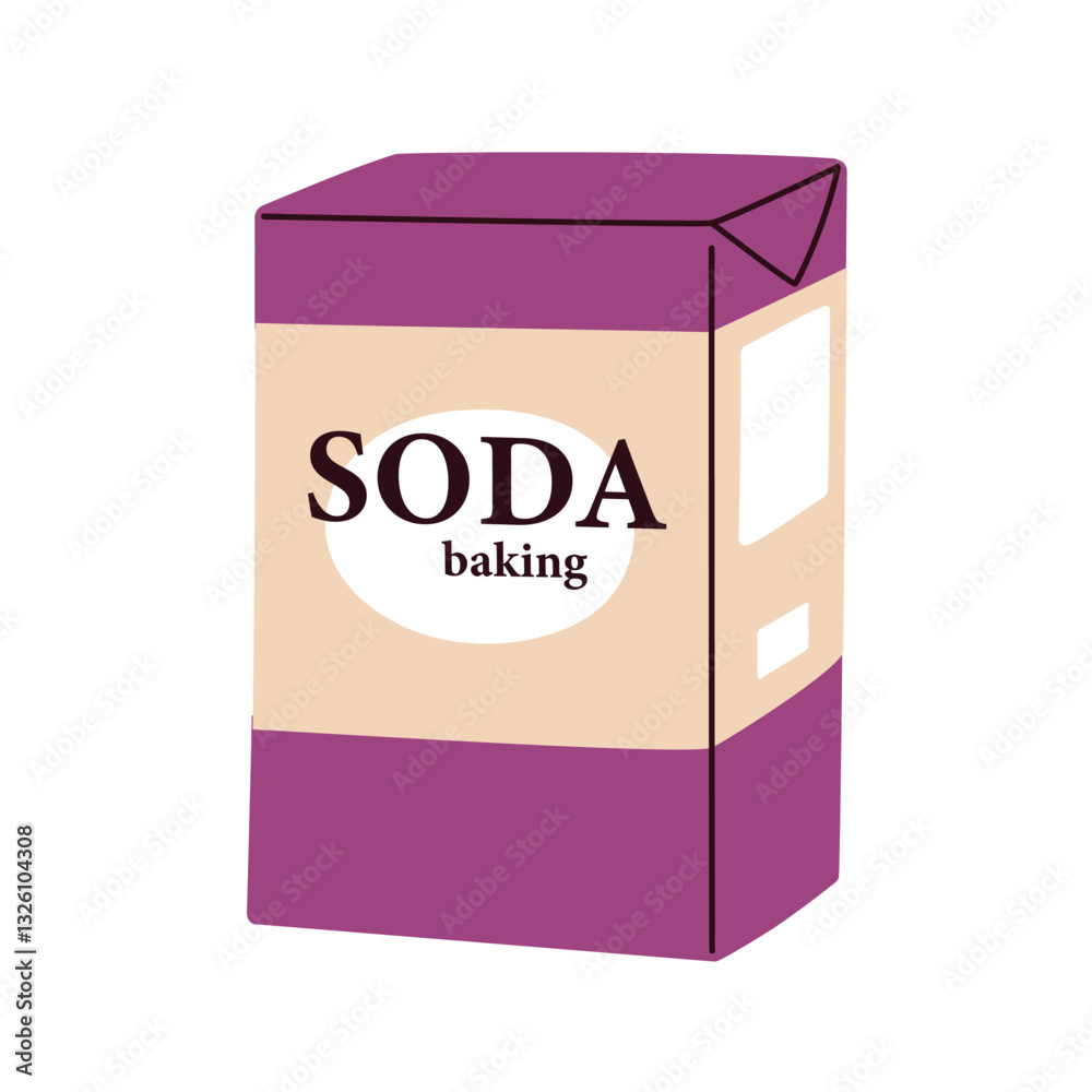 Baking soda box. Natural eco bicarbonate sodium powder in cardboard package. Antacid, kitchen culinary ingredient, bicarb product in pack. Flat vector illustration isolated on white background Baking soda box. Natural eco bicarbonate sodium powder in cardboard package. Antacid, kitchen culinary ingredient, bicarb product in pack. Flat vector illustration isolated on white background