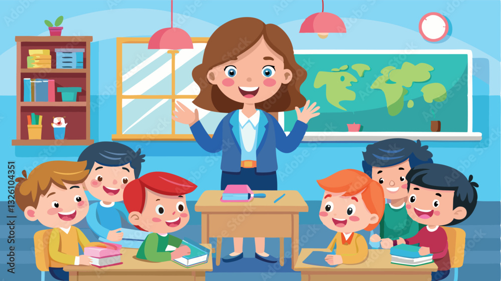 A cheerful female teacher conducts a lesson for children in an elementary school classroom. The students are sitting at their desks, listening attentively to the explanations. A cheerful female teacher conducts a lesson for children in an elementary school classroom. The students are sitting at their desks, listening attentively to the explanations.