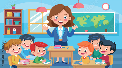 A cheerful female teacher conducts a lesson for children in an elementary school classroom. The students are sitting at their desks, listening attentively to the explanations.