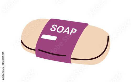 Solid soap bar. Body and hand care, hygiene, skincare product wrapped in paper label, package. Cleaning washing moisturizing bath cosmetics. Flat vector illustration isolated on white background