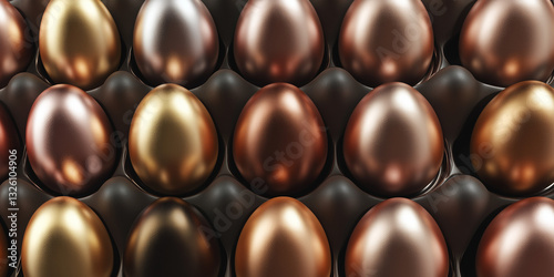 A collection of metallic Easter eggs in shades of copper, gold, and bronze arranged in a pattern