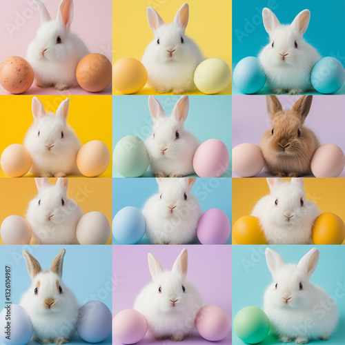 Cute and bright pastel colored Easter eggs and bunny background