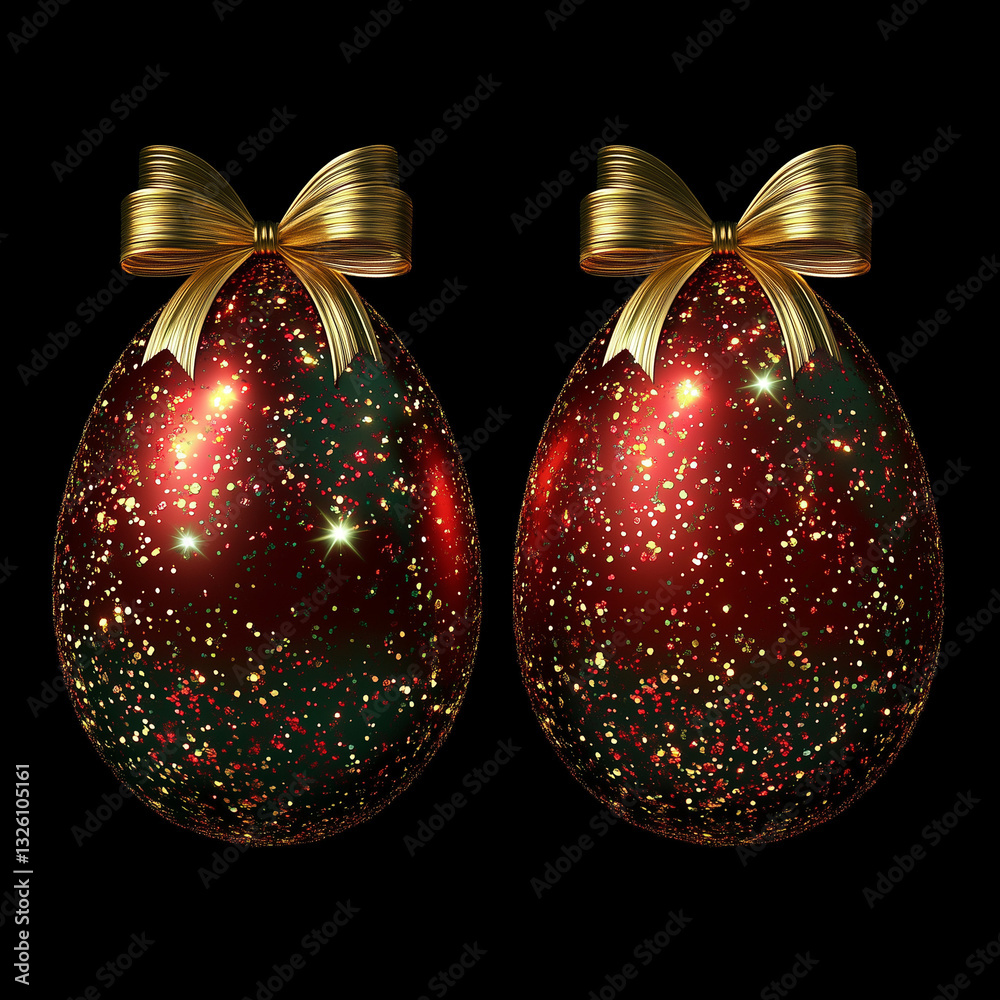 Set of 2 abstract animated easter eggs with twirling glitter and red colored particles