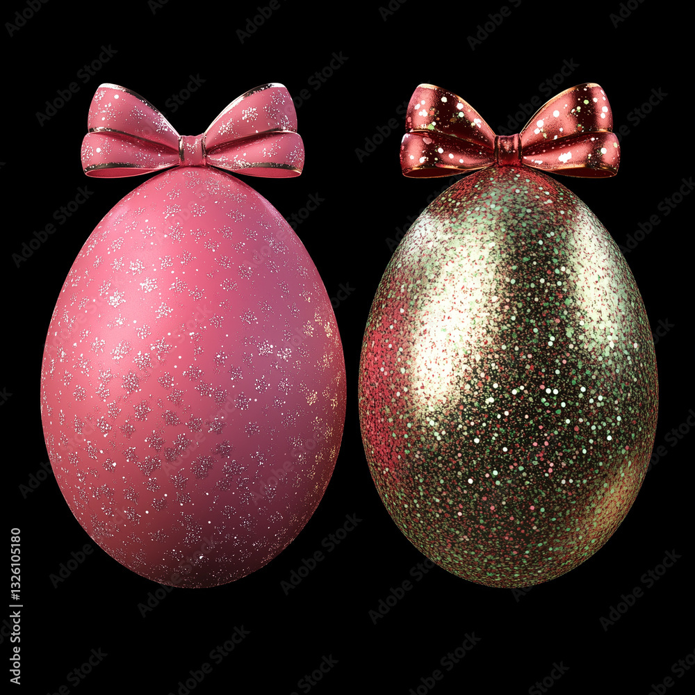 Set of 2 abstract animated easter eggs with twirling glitter and red colored particles