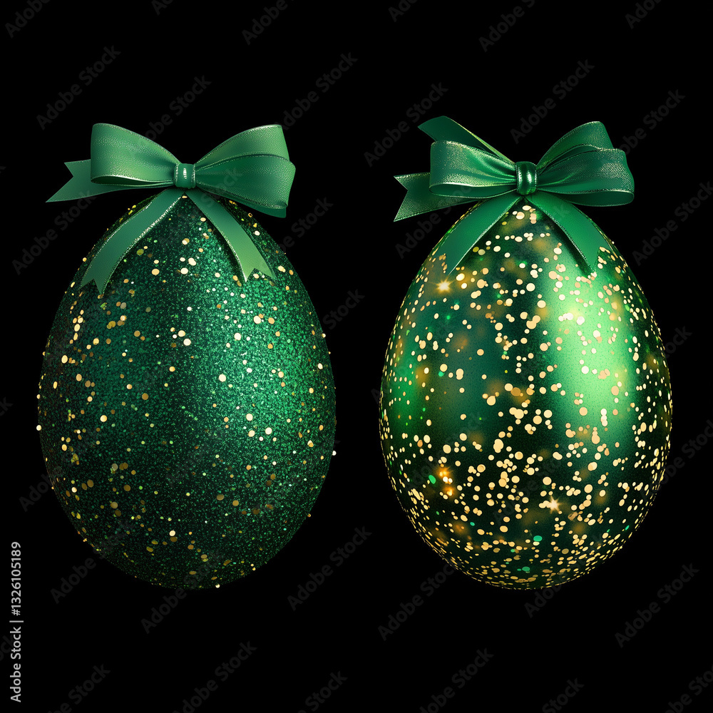 Set of 2 abstract animated easter eggs with twirling glitter and green colored particles