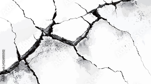High-contrast monochrome close-up image depicting a surface with a network of deep cracks. The cracks are predominantly black, creating a stark contrast against the white background. The cracks