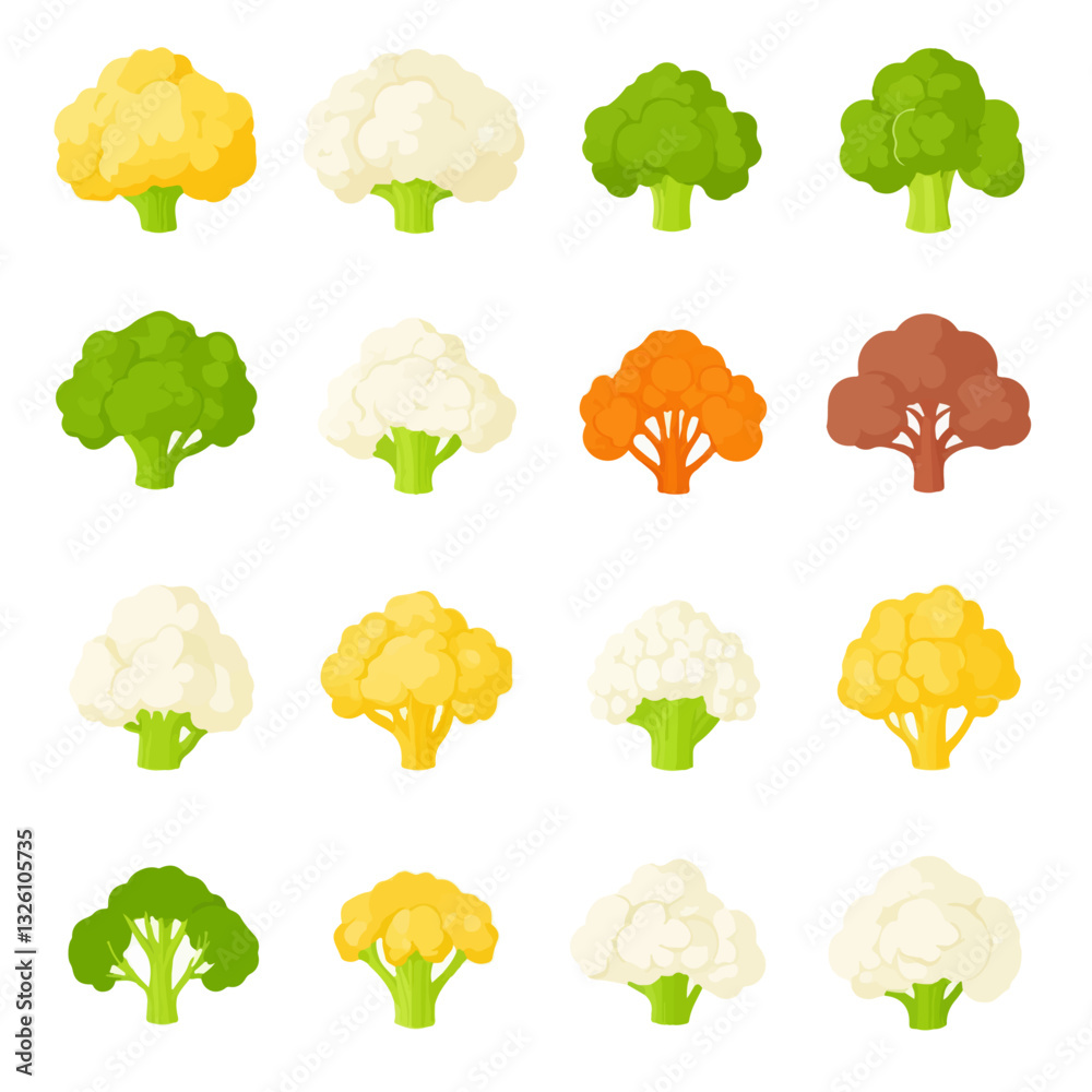 Very Simple flat 2D icon colorful cauliflower set collection isolated on a white background, vector, flat design, animation design, simple flat 2D icon, minimalist design, clipart Very Simple flat 2D icon colorful cauliflower set collection isolated on a white background, vector, flat design, animation design, simple flat 2D icon, minimalist design, clipart