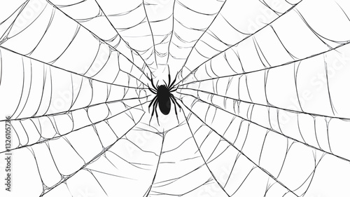 Close-up illustration of a black spider situated in the center of a large, intricately detailed web. The web is depicted with thin, radiating lines creating a circular pattern. The background is