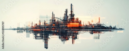 An industrial complex featuring mirrored reflections and abstract lines