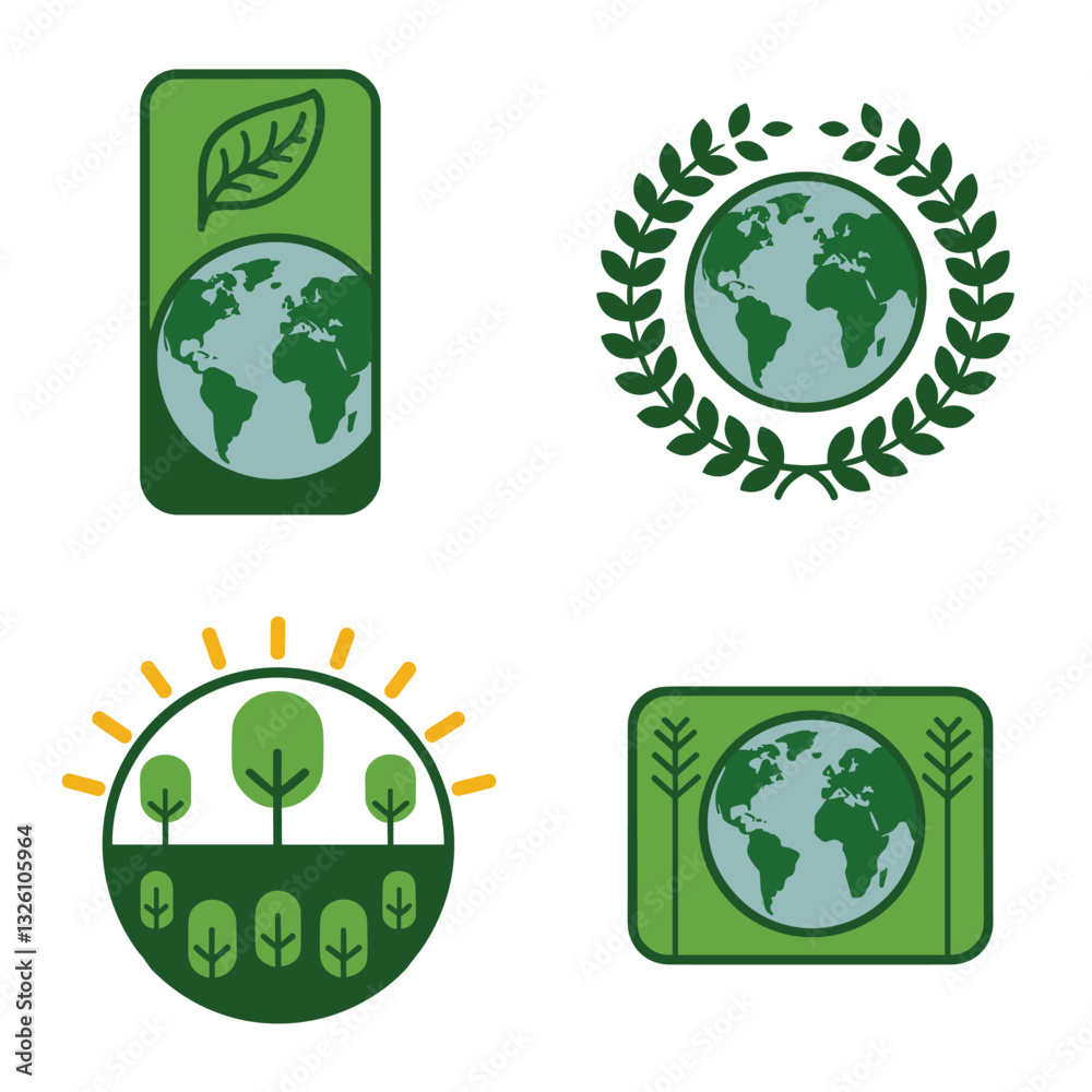 Collection of eco-friendly logos and badges with leaves