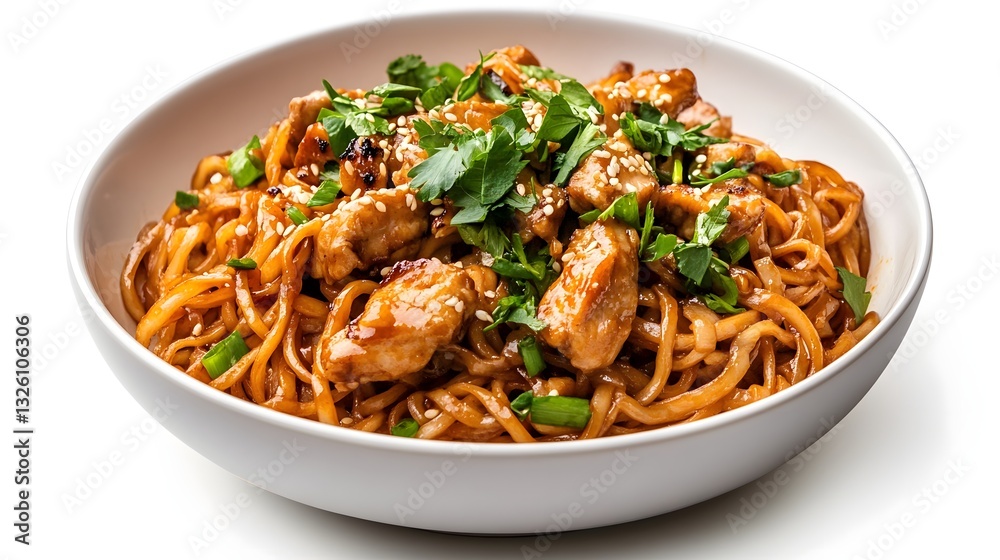 Stir Fried Rice Noodles with Chicken in White Dish Stir Fried Rice Noodles with Chicken in White Dish